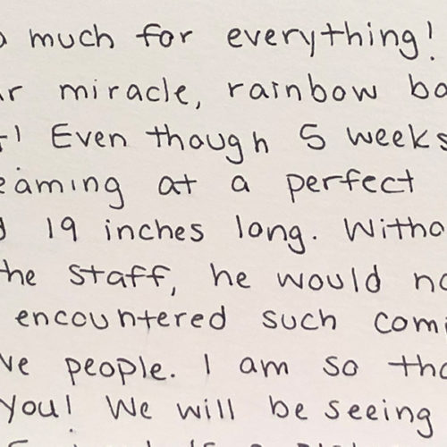 Handwritten patient note: Thank you so much for everything! January 2019 our miracle, rainbow baby was born. He is perfect!